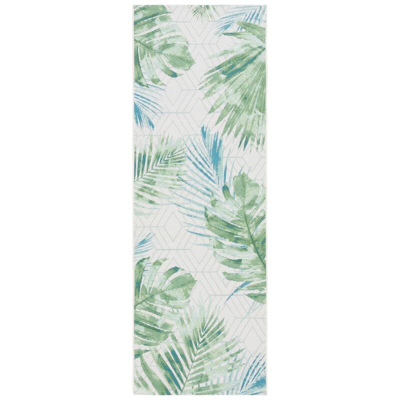 SAFAVIEH Barbados Nairne Tropical Indoor/ Outdoor Waterproof Patio Backyard Rug - Green/Teal - 2'8" x 10'5" Runner