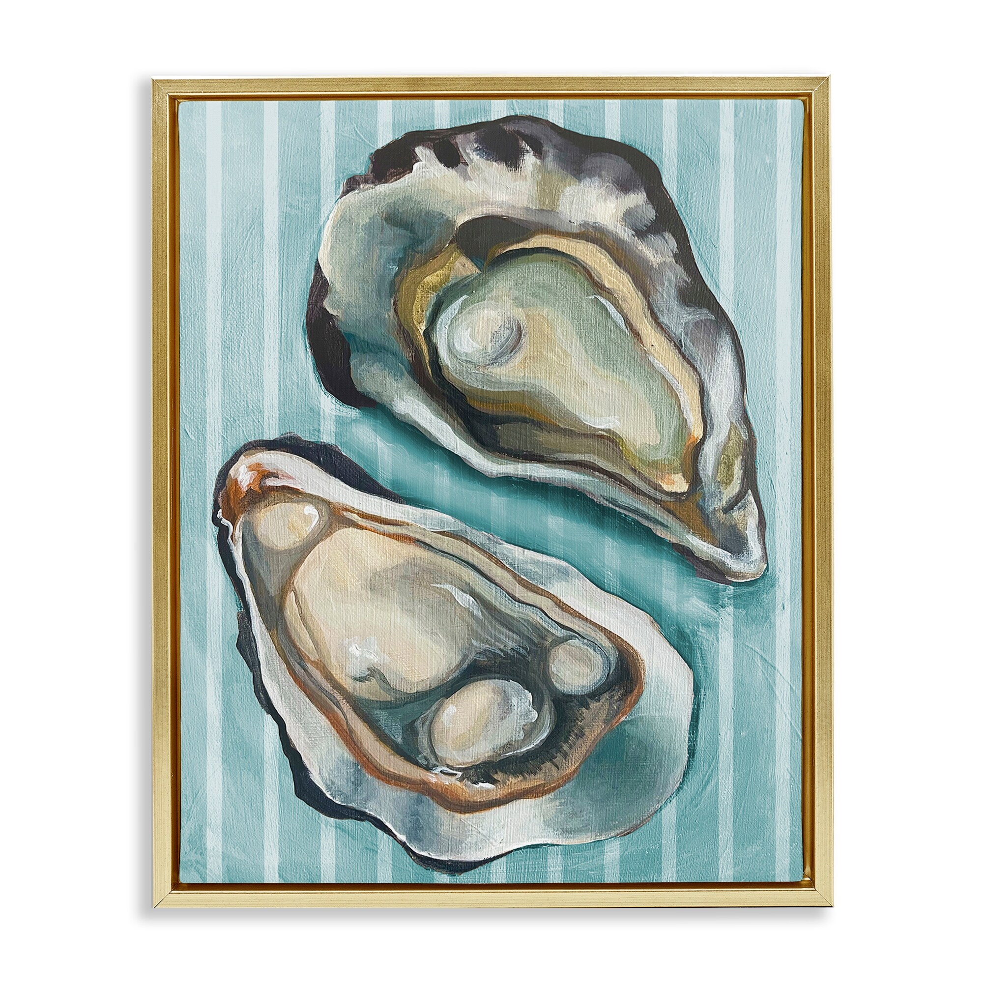 Stupell Oysters on Blue Stripes Framed Floater Canvas Wall Art Design By Daphne Polselli