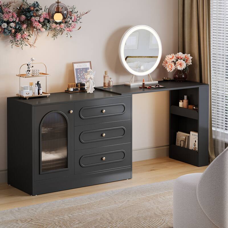 360° Rotatable Vanity Desk with 3 Drawers, Modern White Corner Vanity