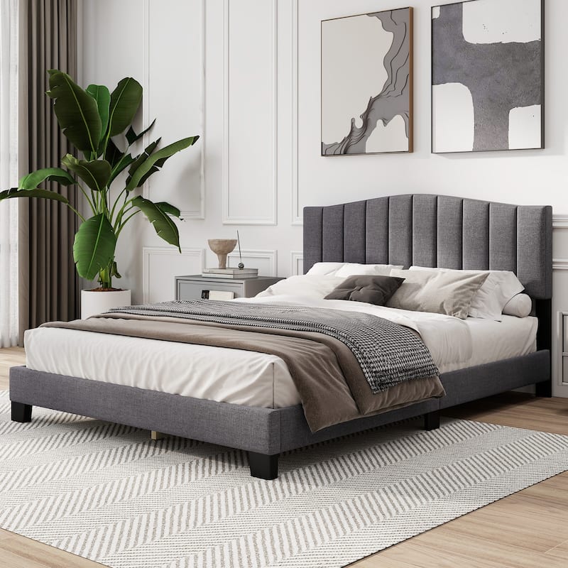 Gray Upholstered Queen Platform Bed Frame with Adjustable Tufted Headboard Wooden Slats and Low Profile Design - Grey-Black