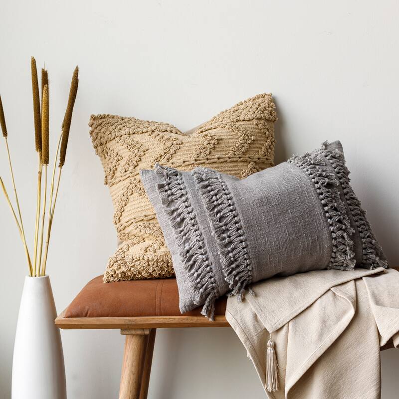 Miloh Tassel Fringe Accent Throw Pillow - Gray - 18"H x 18"W - Down