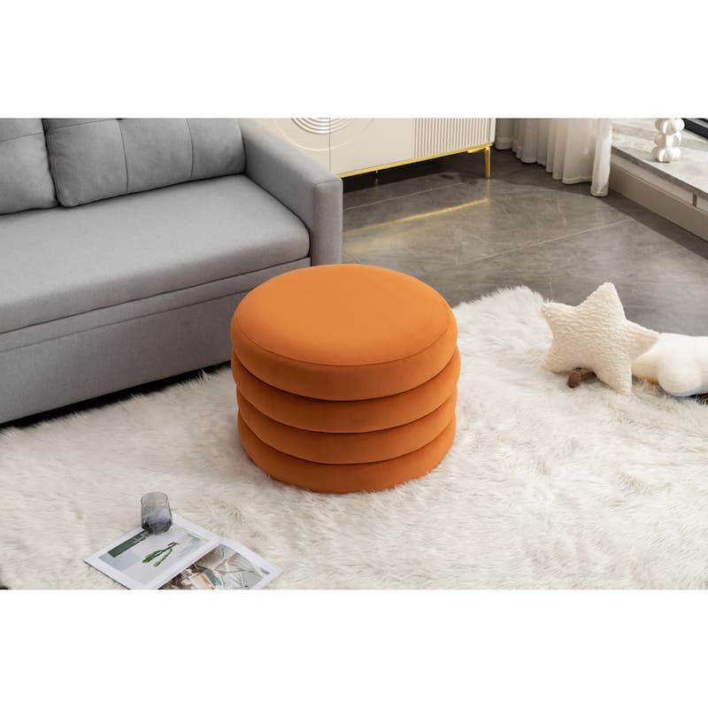 Velvet Round Ottoman with Storage, Footstool with Wooden Shelving, Multifunctional Round Vanity Stool for Makeup