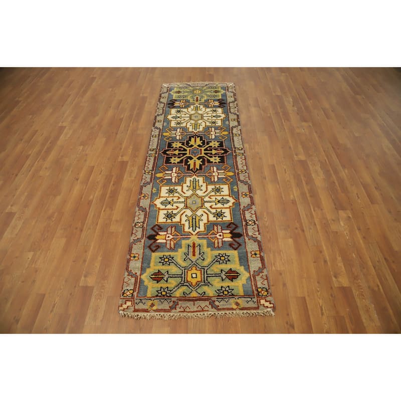 Hand Knotted Oriental 100% Wool Carpet Traditional Geometric Greys & Charcoal Kazak Runner Rug - 7' 10'' X 2' 6''
