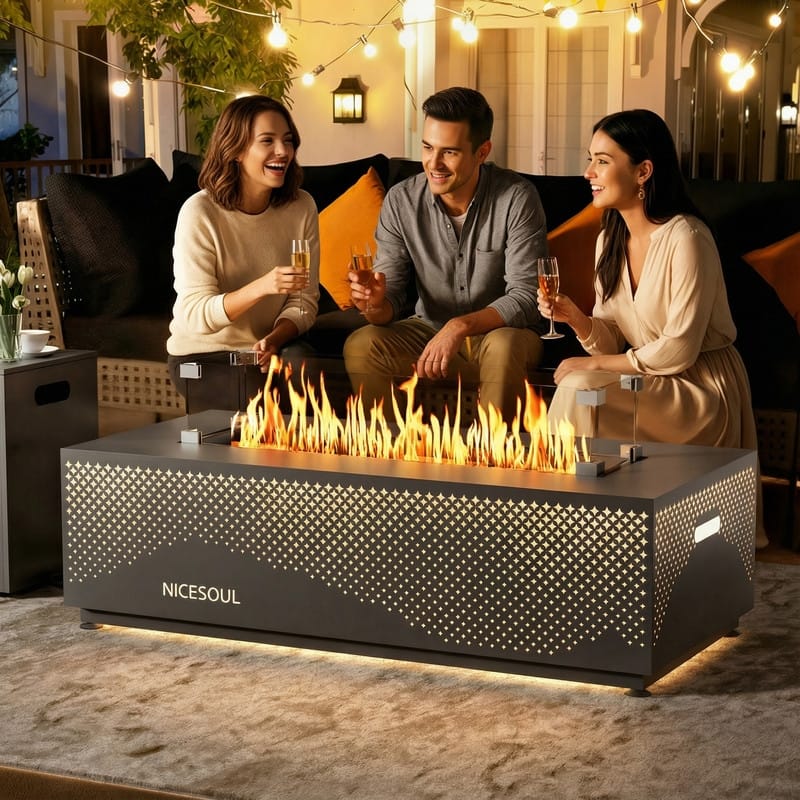 Outdoor 50,000 BTU Rectangular Steel Fire Pit Table with Hidden Tank, Convertible to Natural Gas