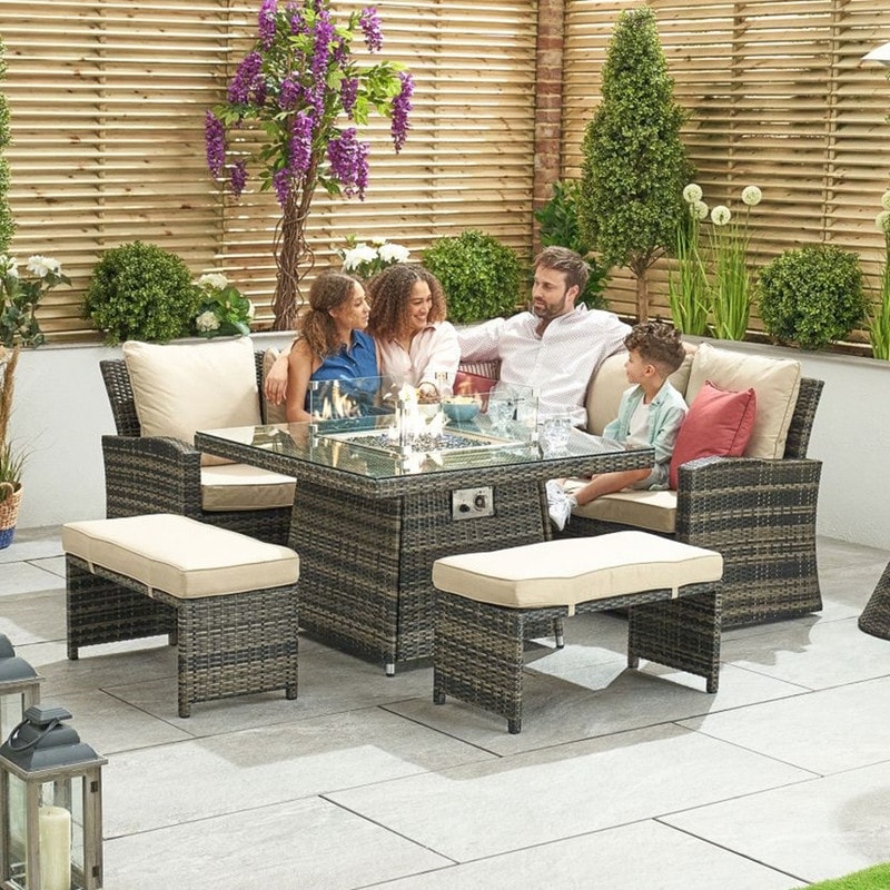 5 Piece Patio L Shape Wicker Sofa with Firepit Table and Benchs