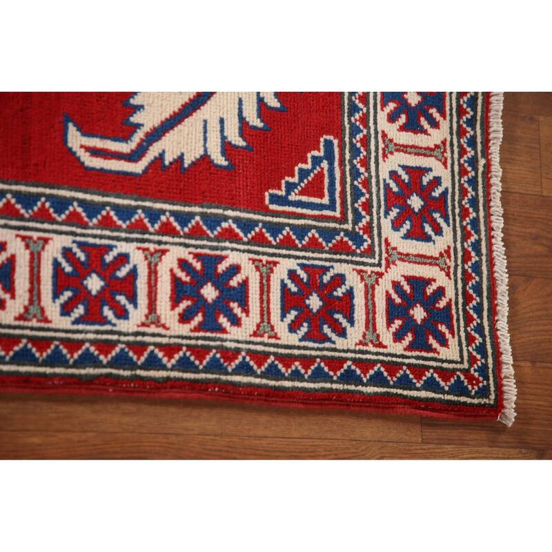 Geometric Red Kazak Accent Rug Handmade Traditional Wool Carpet - 3'4"x 4'11"