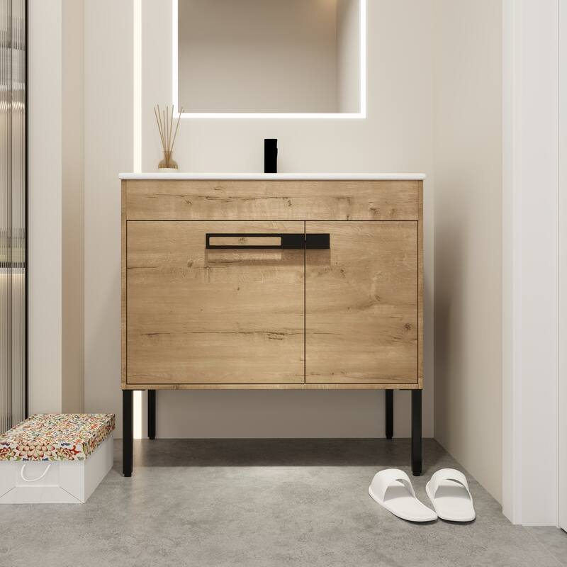 Bathroom Vanity with Ceramic Sink, Soft-Close Doors, Adjustable Shelf, Eco-Friendly Plywood - 36in L Plywood