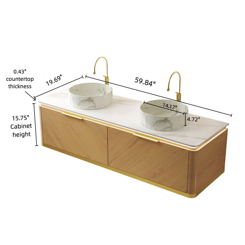 60" Floating Bathroom Vanity with Sensor Light and Marble Vessel Sink