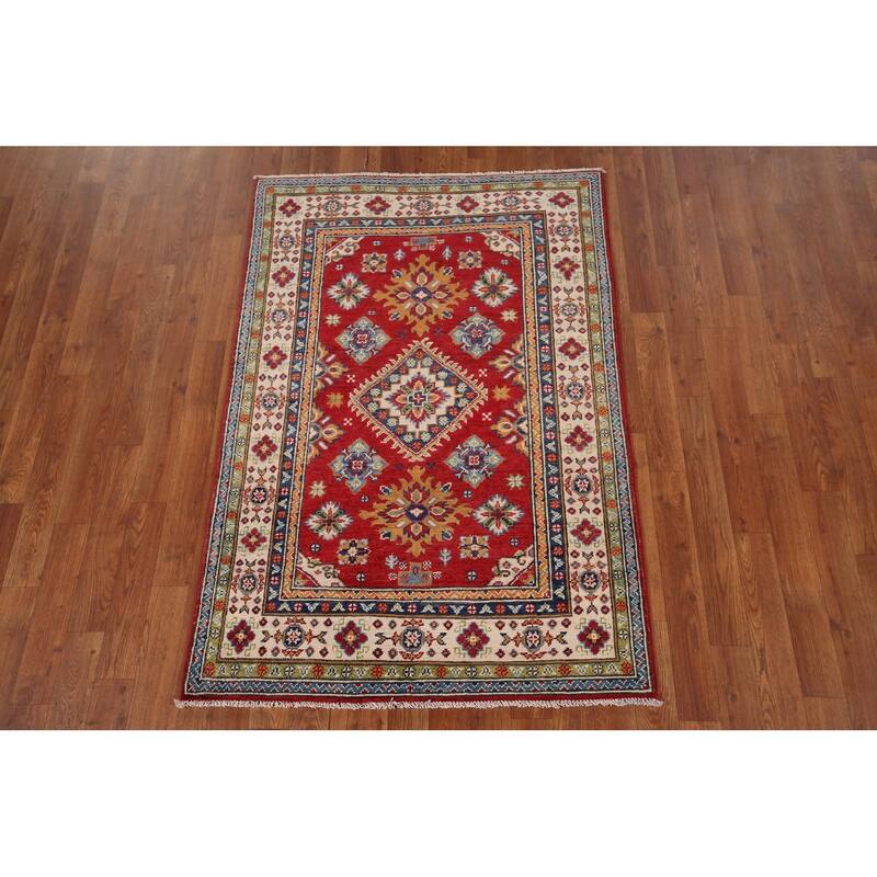 Red Kazak Accent Rug Hand-Knotted Traditional Oriental Wool Carpet - 3'3" x 4'9"