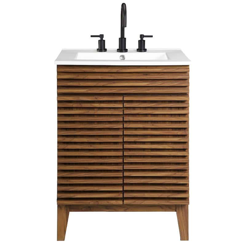 Render 24 Inch Mid-Century Bathroom Vanity With Sink in Walnut White