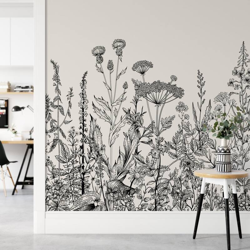 GK Wall Design Black and White Floral Garden Plants Drawing Removable Wallpaper