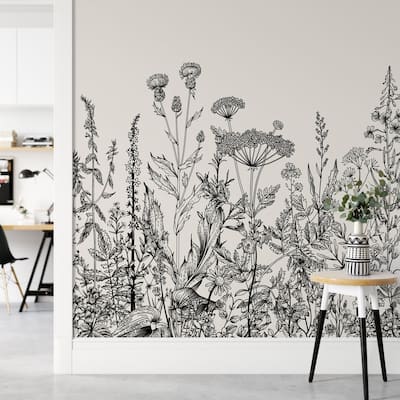 GK Wall Design Black and White Floral Garden Plants Drawing Removable Wallpaper