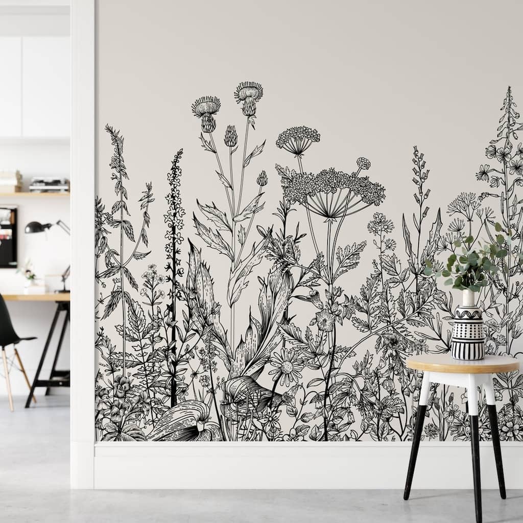 GK Wall Design Black and White Floral Garden Plants Drawing Removable Wallpaper