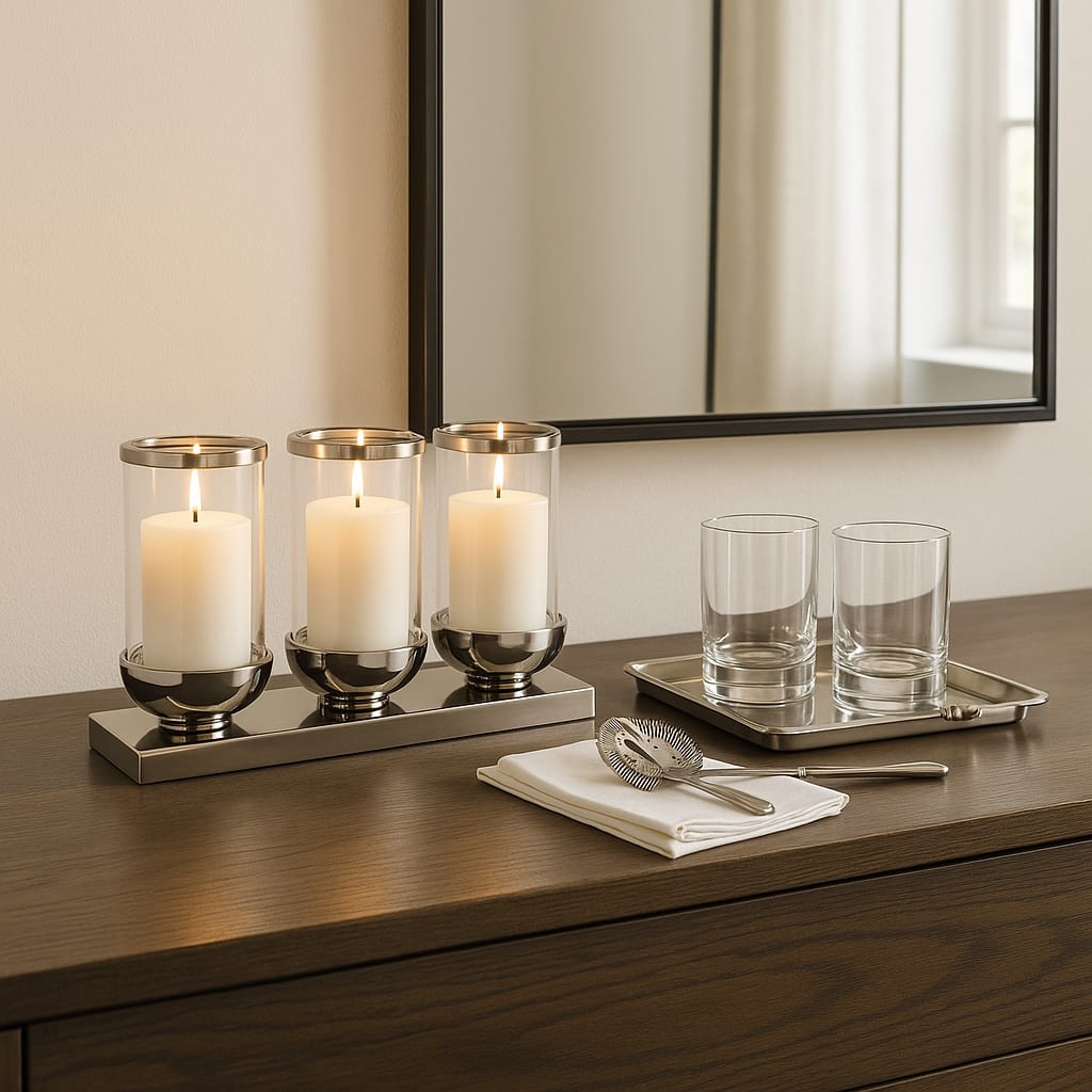 Candle Holder - Silver Metal 3-Candle Centerpiece, 16" - 16.0"