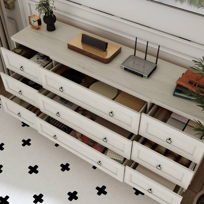 63.4" Wide 9 Drawer Dresser, Modern Light Wood Bedroom Dresser with Solid Legs for Storage