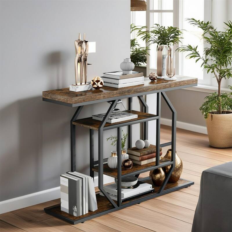 47.24" Rustic Long Console Entry Table Sofa Storage Table Behind Couch with 4 Tier Shelves