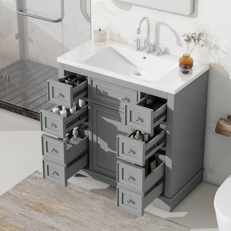 36" Bathroom Vanity Combo with Undermount Sink, 6 Drawers, 1 Cabinet, and Adjustable Shelf - 36in L Solid Wood+MDF - 36in L Grey