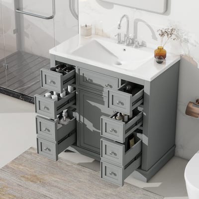 36" Bathroom Vanity with Sink Combo, One Cabinet and Six Drawers, Solid Wood and MDF Board, Grey