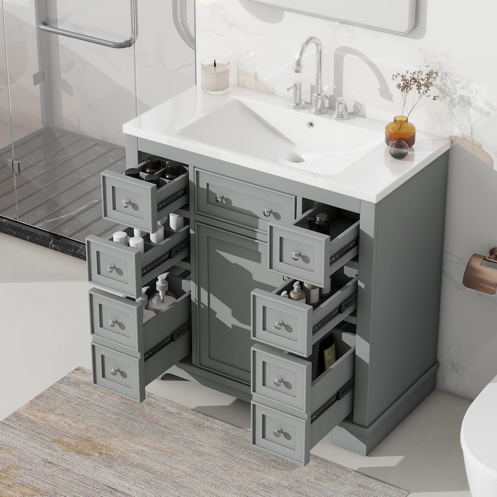 Roomfitters 36" Bathroom Vanity with Sink Combo, Cabinet with 6 Drawers and Door, Solid Wood, MDF Board