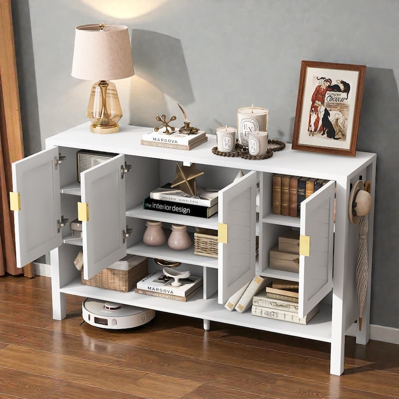 55.1" Modern Sideboard Buffet Cabinet with 4 Doors, Open Shelf, Adjustable Shelves & Side Hooks for Living Room or Dining