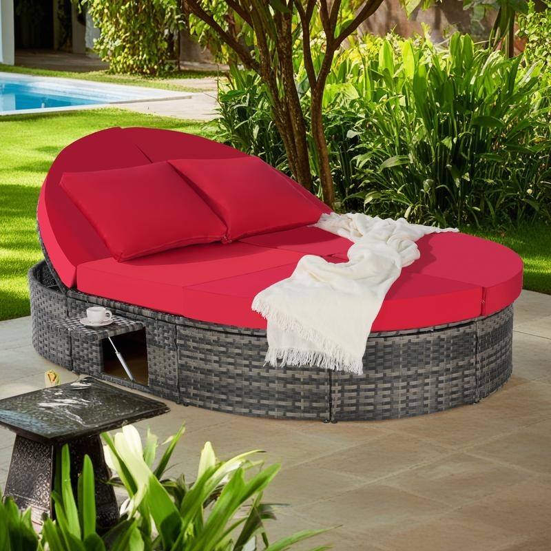 Outdoor Patio Rattan Round Daybed Sunbed with Adjustable Backrests and Foldable Cup Trays - Red