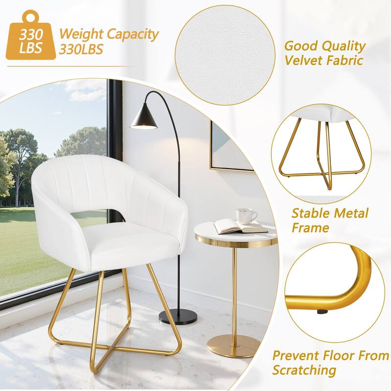 VECELO White Velvet Accent Chair Set of 1/2 Modern Tufted Upholstered High Back Living Room Chair with Gold X-Frame Vanity Chair