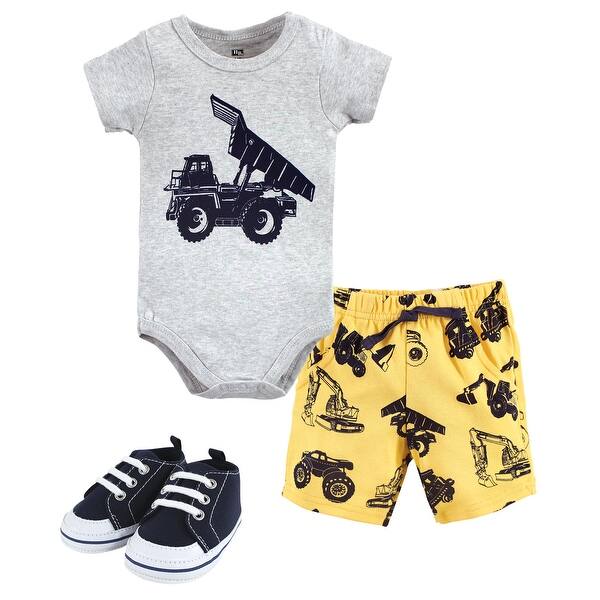 slide 1 of 1, Hudson Baby Infant Boy Cotton Bodysuit, Shorts and Shoe Set, Construction Trucks 0-3 Months - Construction Trucks