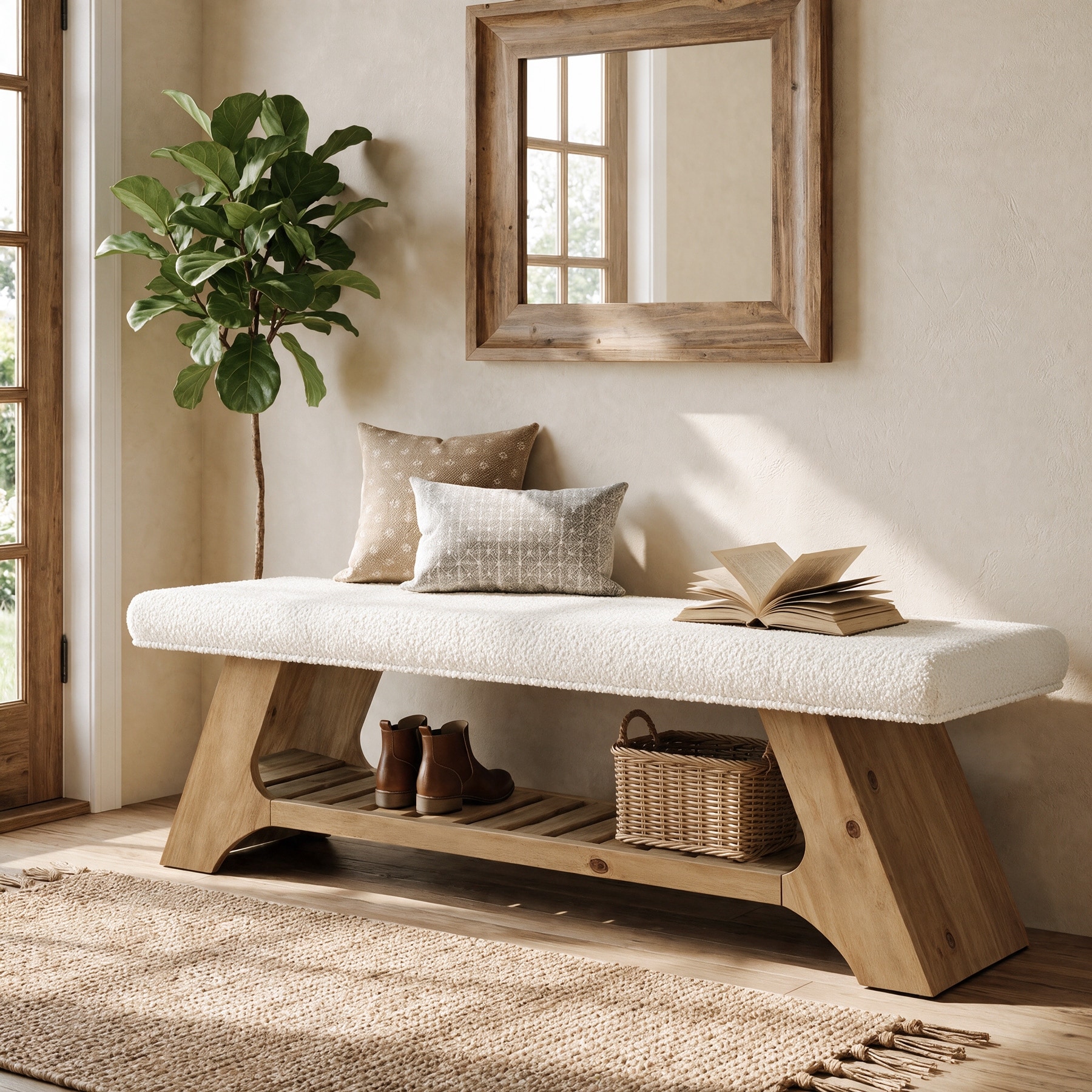55" Solid Wood Upholstered Bench, 2-Tier Farmhouse Entryway Bench Seating