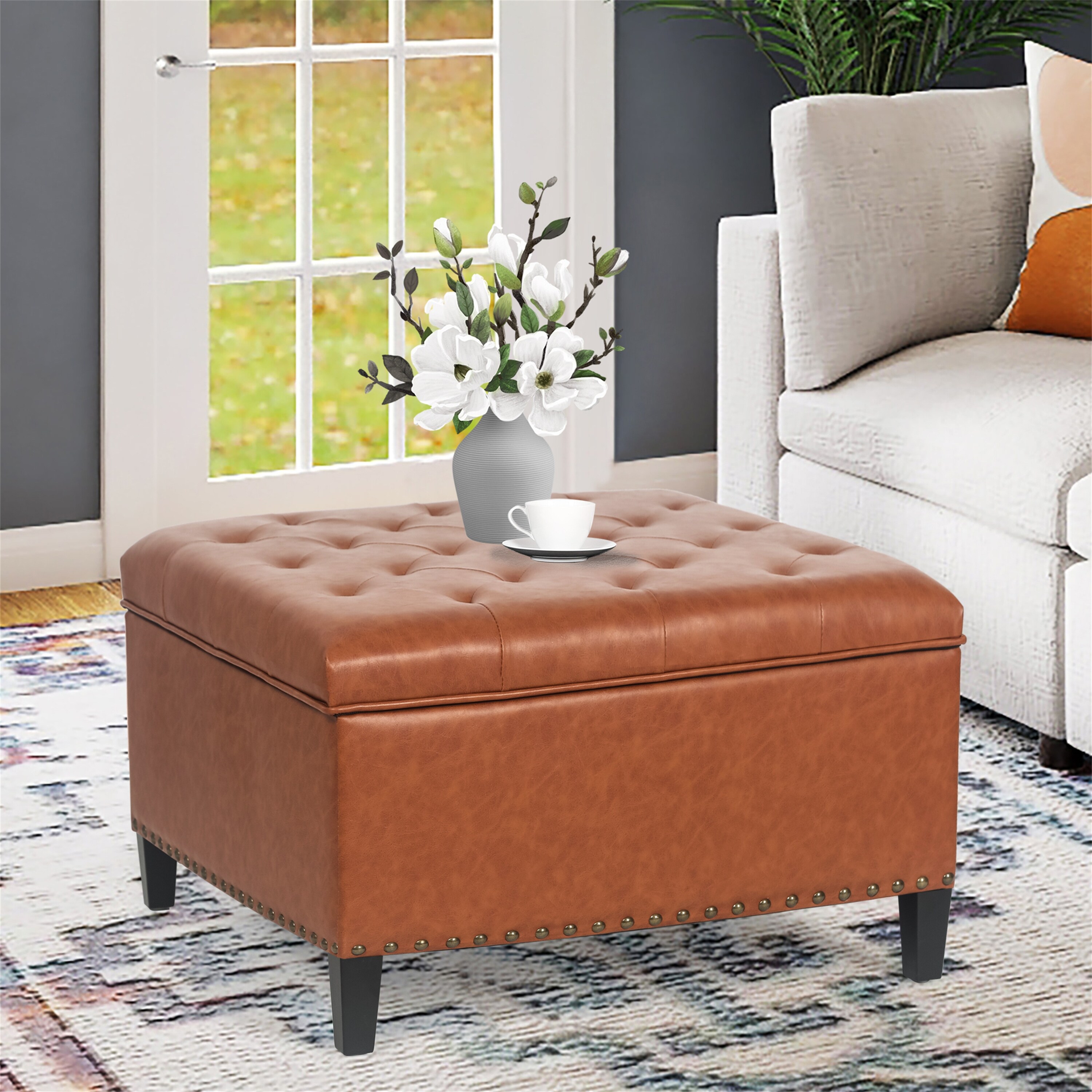 Adeco Modern Square Fabric Upholstered Lift Top Storage Ottoman
