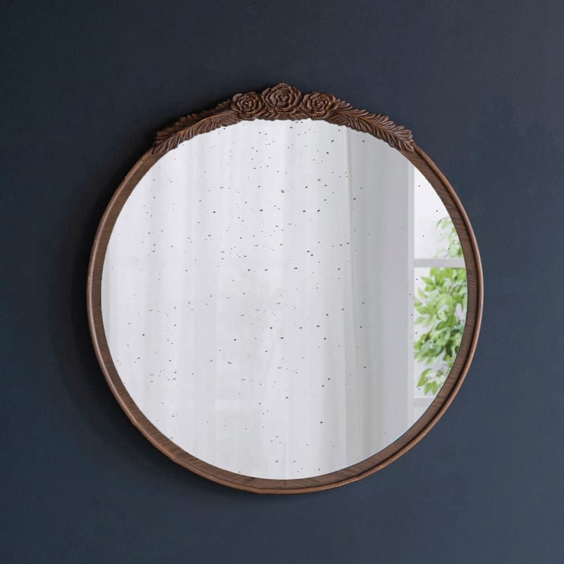 Round Hand Carved Rose Antique Wall Mirror - Brown