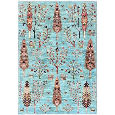 Shahbanu Rugs Baby Blue All Wool Sultani Design Cypress Tree and Animal Figurines Ariana Afghan Hand Knotted Rug (4'1" x 5'10")
