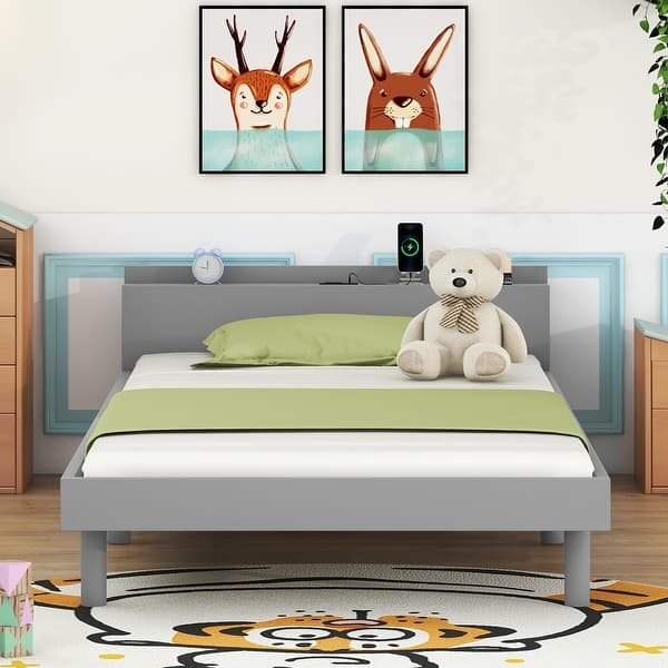 slide 2 of 11, Grey Twin Size Bed Frame with Storage Headboard and USB Ports, Kids Twin Bed with Support Slat, Twin Platform Bed for Bedroom Grey - Twin