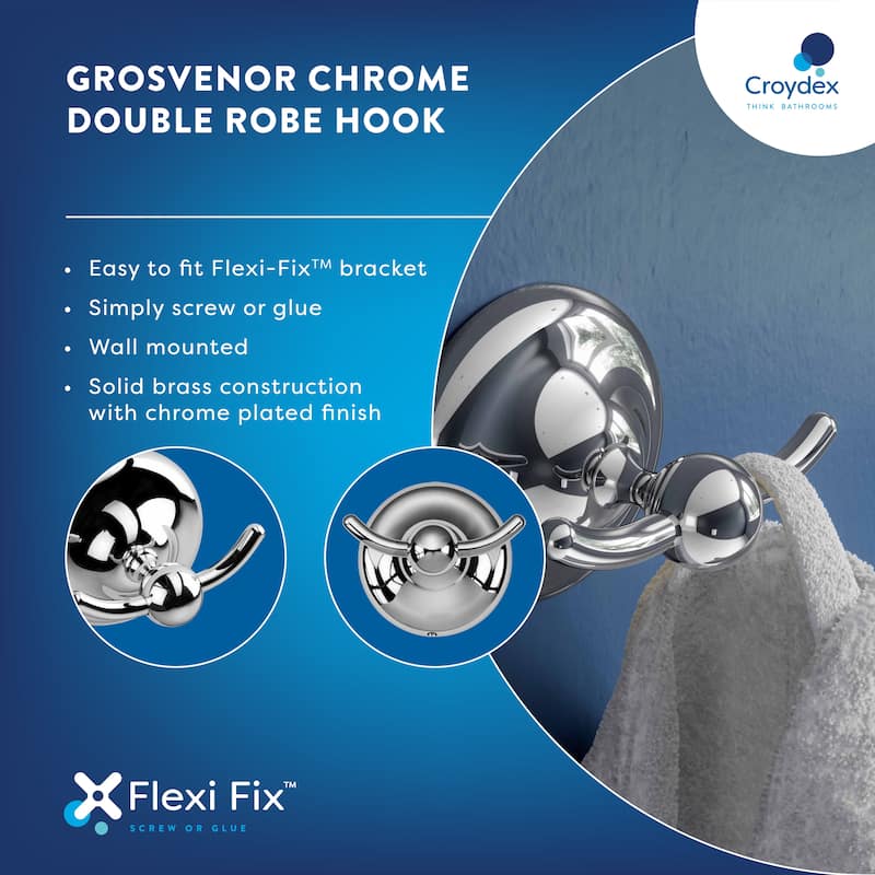 Croydex Grosvenor Flexi Fix Screw or Glue Double Robe Hook in Chrome