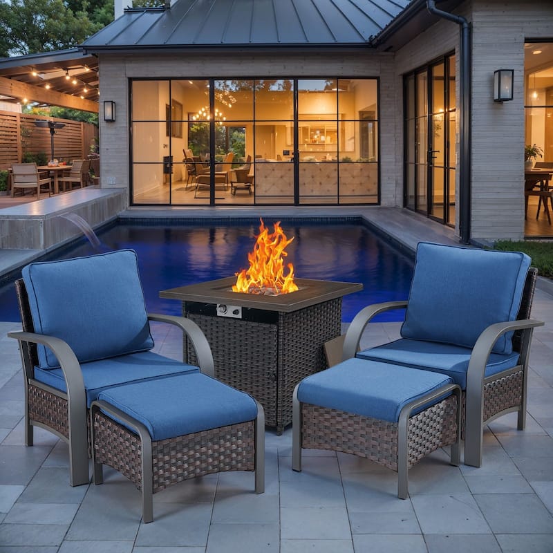 4Pieces Patio Chairs Ottomans with Fire Pit Table - Blue cushion - Brown - Blue - Brown