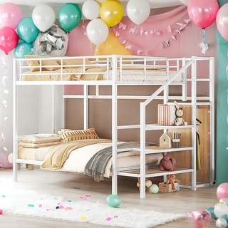 Full over Full Bunk Bed With Lateral Storage Ladder and Wardrobe for Home