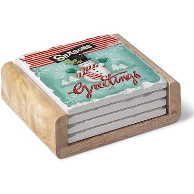 Retro Christmas Set of 4 Decorative Absorbent Stone Coasters in Wooden Holder Made in The USA Cork Backing Easily Wipes Clean