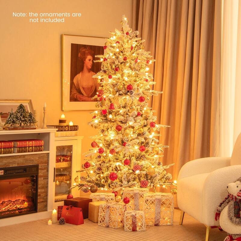 Gymax 6 FT Pre-Lit Artificial Christmas Tree Snow-Flocked Hinged Xmas