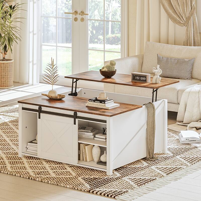 BOSSIN 31.5" Square Farmhouse Lift-Top Coffee Table - Wooden Living Room Center Table with Hidden Storage