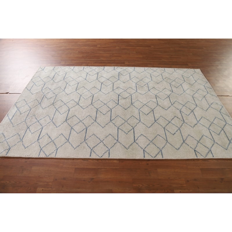Beige Trellis Moroccan Oriental Area Rug Handmade Wool Carpet - 5'0"x 7'10"