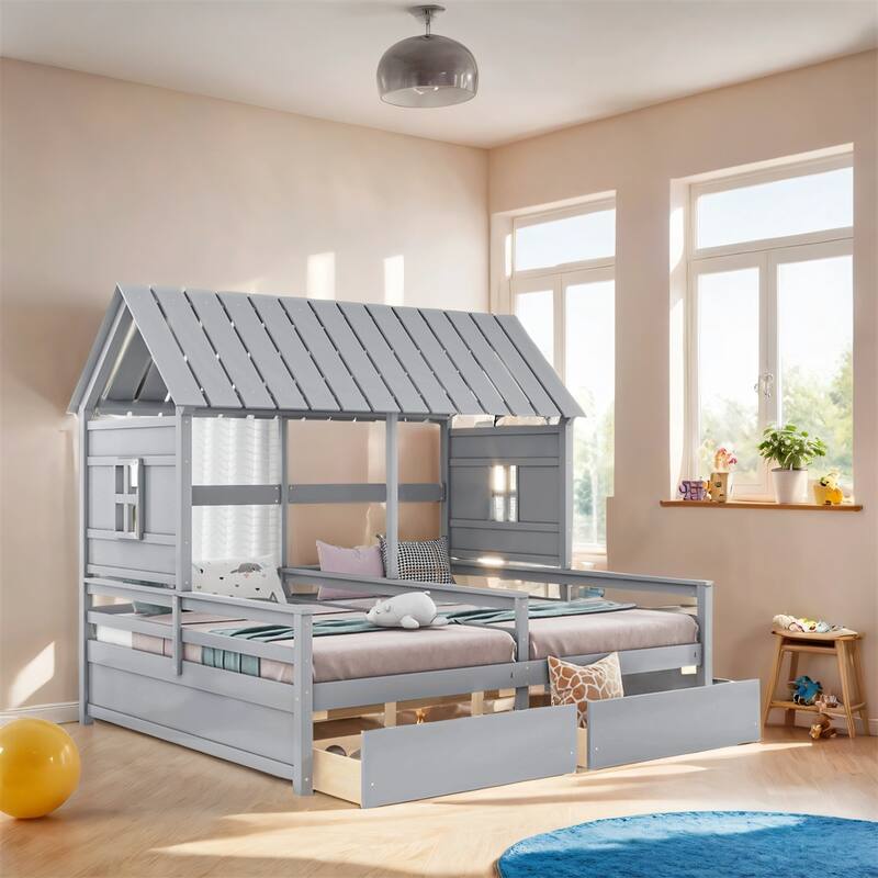 Twin Size House Platform Beds w/Two Drawers for Boy & Girl Shared Beds