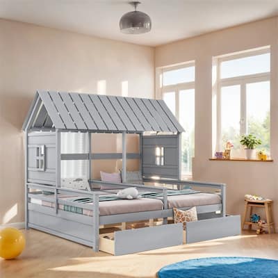 Twin Size House Platform Beds w/Two Drawers for Boy & Girl Shared Beds