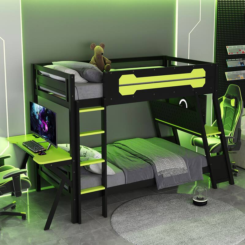 Roomfitters Twin Bunk Bed with Two Built-In Gaming Desks, USB Ports and Pegboard - Green