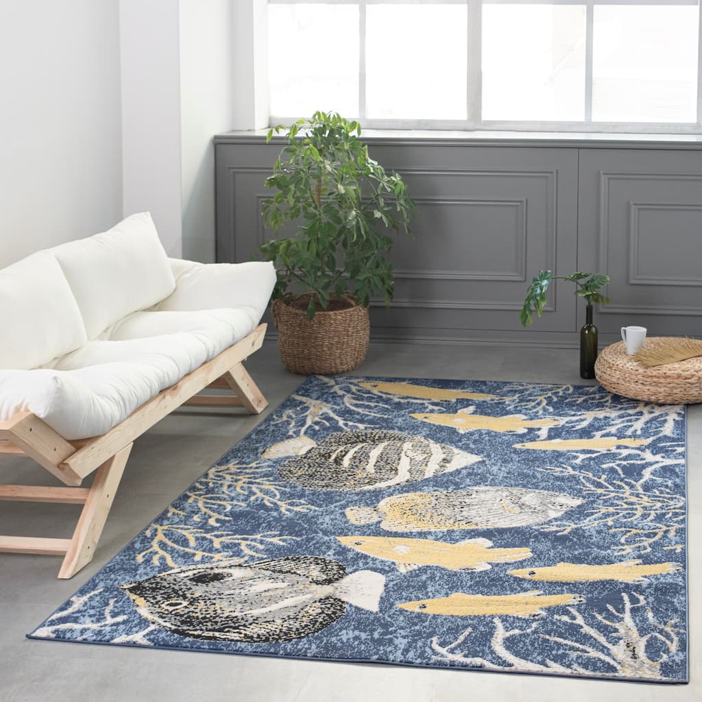 Lela Collection Blue, Grey, and Ivory Fish and Coral Polyester Rug