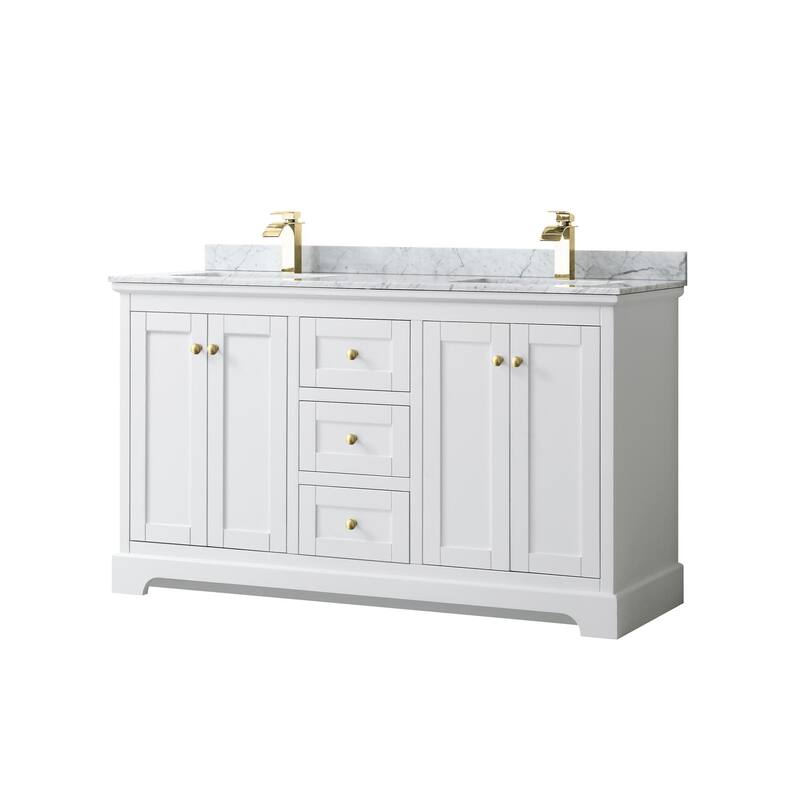 Wyndham Collection Avery 60" Free Standing Double Basin Vanity Set - White / White Carrara Marble Top / Brushed Gold - Painted