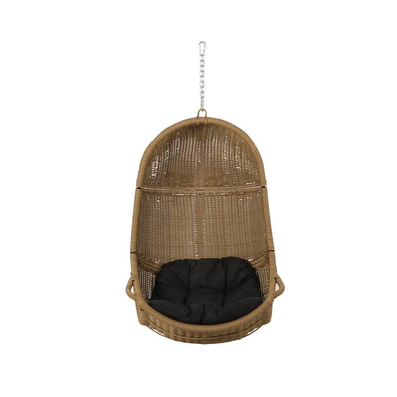 Roomfitters Hanging Wicker Egg Chair, Teardrop Rattan Swing Seat with Plush Dark Grey Cushion and Steel Chain for Patio, Natural