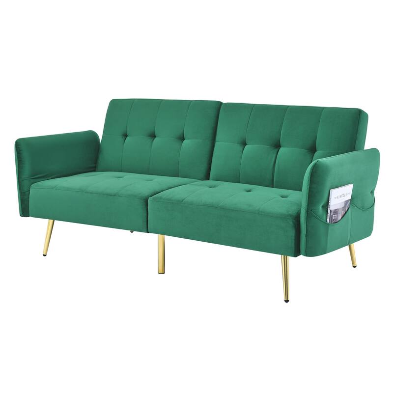 Italian Velvet Convertible Sleeper Sofa Bed with with Folded Armrests and Storage Bags