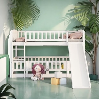 Full over Full Low Bunk Bed with Slide, Fence and Ladder for Toddler Kids Teens, Fun and Variable, White