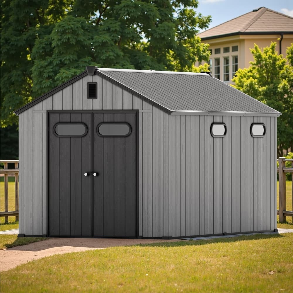 All-Weather Outdoor Storage Shed Waterproof Resin Garden Shed with Floor, Lockable Doors, Skylight for Lawn Tools & Bikes