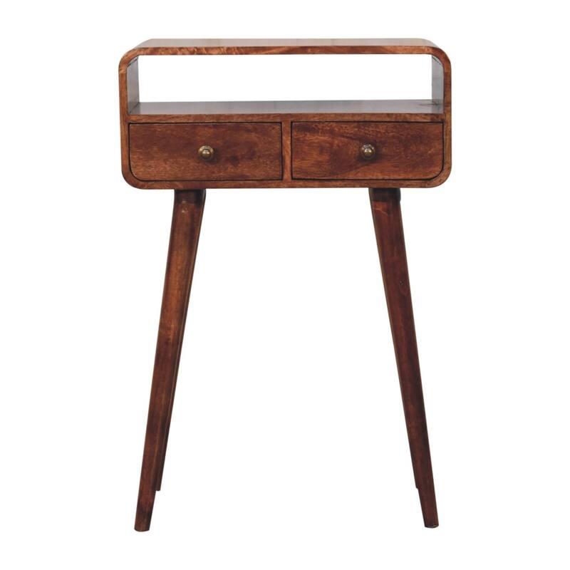 Artisan Furniture Solid Wood Mini Curved Honey Caramel Console Table, Brown with 2 Drawers
