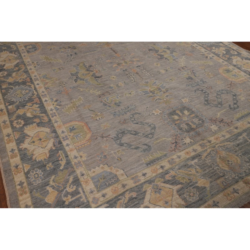 Vegetable Dye Grey Oushak Turkish Rug Hand-Knotted Floral Wool Carpet - 8'1"x 10'1"